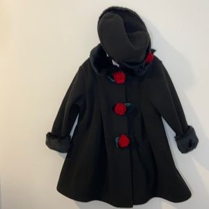 Sophie Rose Black Winter Coat w/ Faux Fur Trim and Rose Details & Matching Hat.